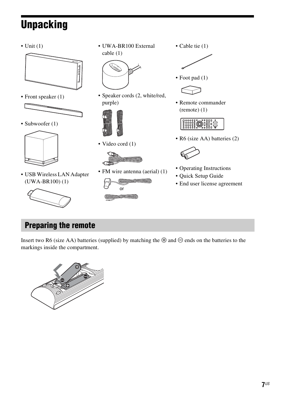 Unpacking, Preparing the remote | Sony BDV-F7 User Manual | Page 7 / 76