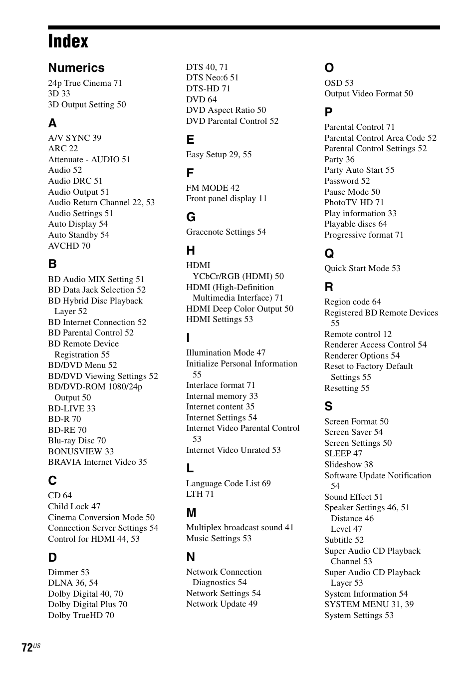 Index, Numerics | Sony BDV-F7 User Manual | Page 72 / 76