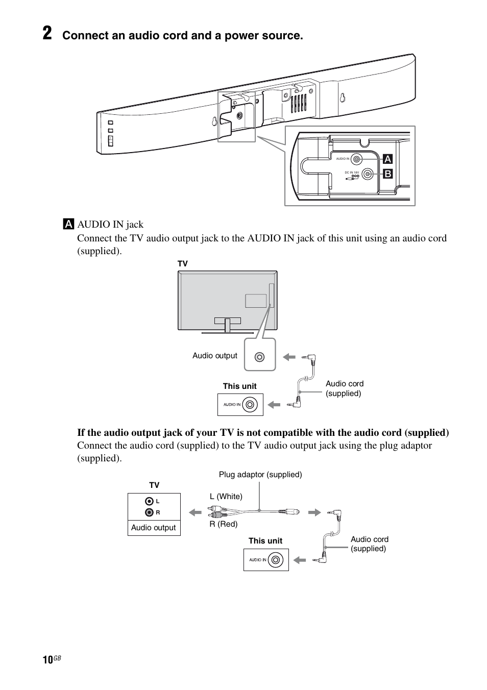 Connect an audio cord and a power source | Sony SA-46SE1 User Manual | Page 10 / 20