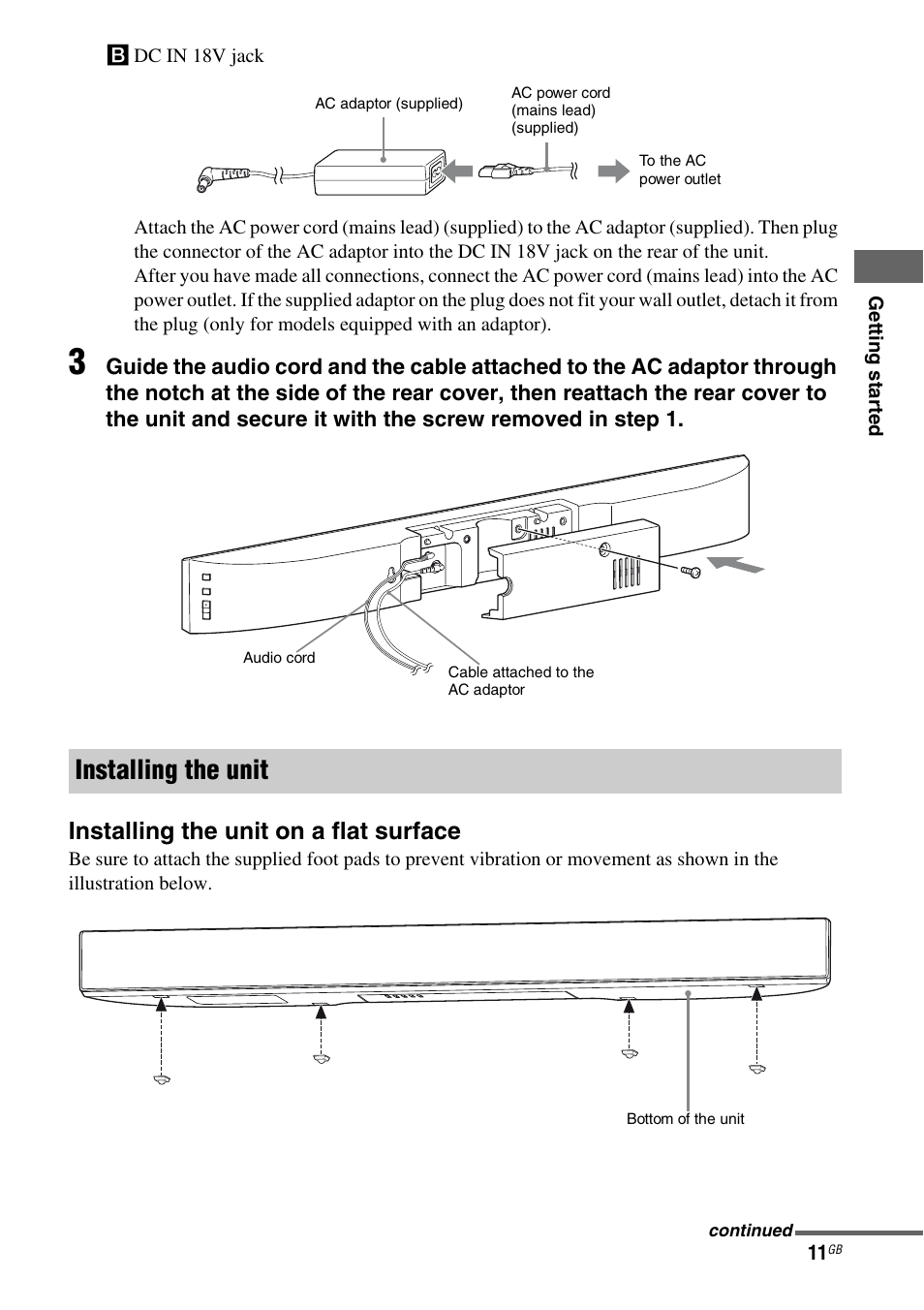 Installing the unit, Installing the unit on a flat surface | Sony SA-46SE1 User Manual | Page 11 / 20