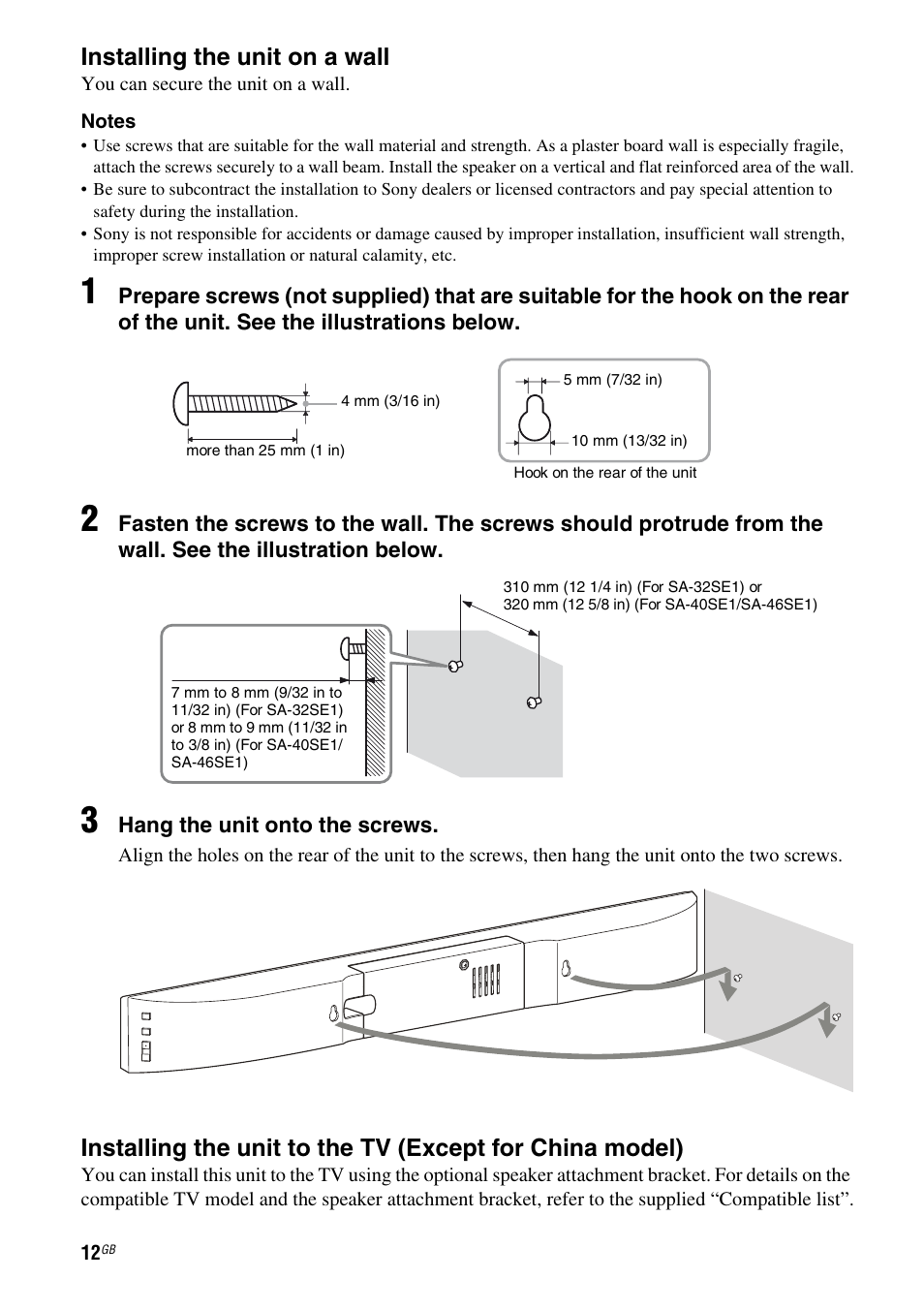 Installing the unit on a wall | Sony SA-46SE1 User Manual | Page 12 / 20