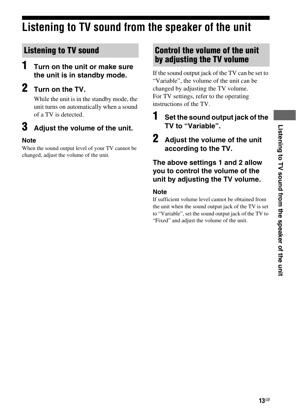 Listening to tv sound from the speaker of the unit, Listening to tv sound from the, Speaker of the unit | Adjusting the tv volume | Sony SA-46SE1 User Manual | Page 13 / 20