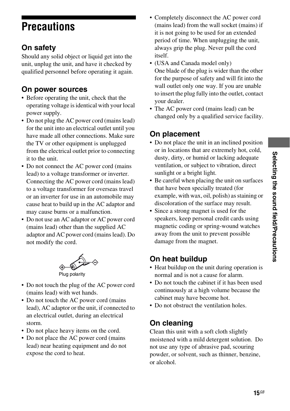 Precautions, On safety, On power sources | On placement, On heat buildup, On cleaning | Sony SA-46SE1 User Manual | Page 15 / 20