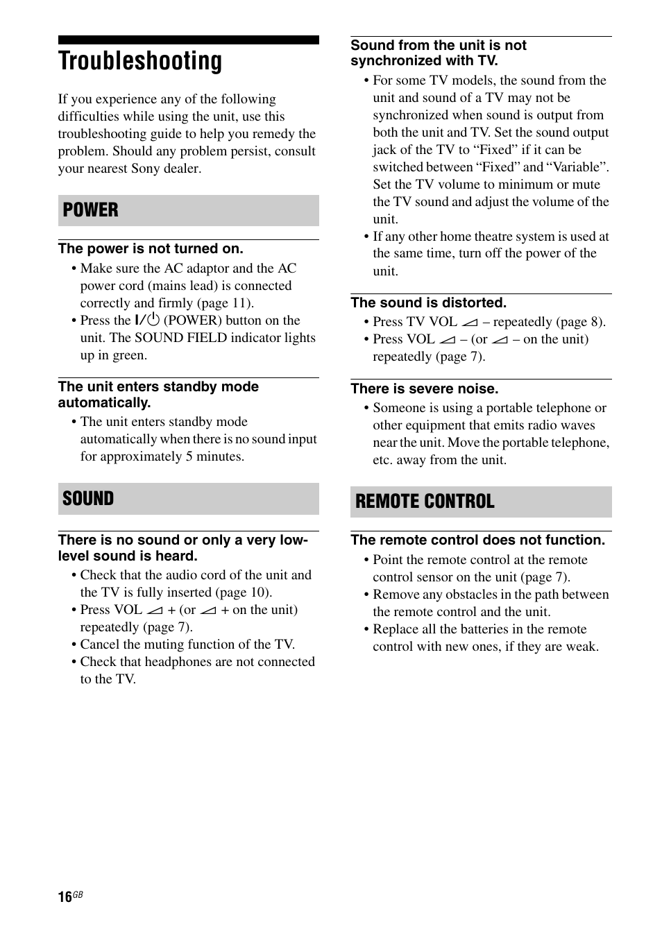 Troubleshooting, Power sound remote control | Sony SA-46SE1 User Manual | Page 16 / 20