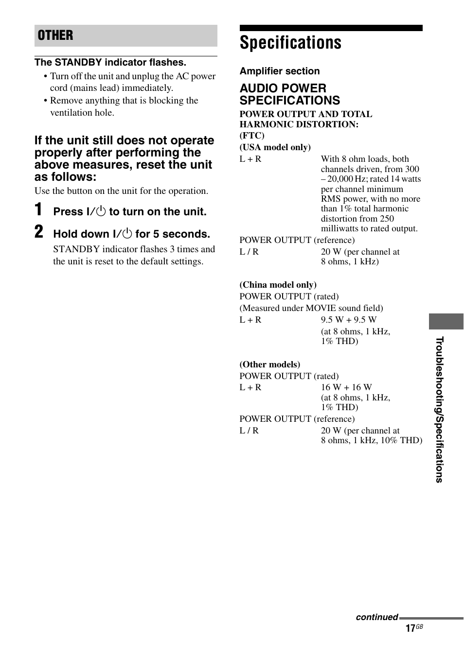 Specifications, Other | Sony SA-46SE1 User Manual | Page 17 / 20