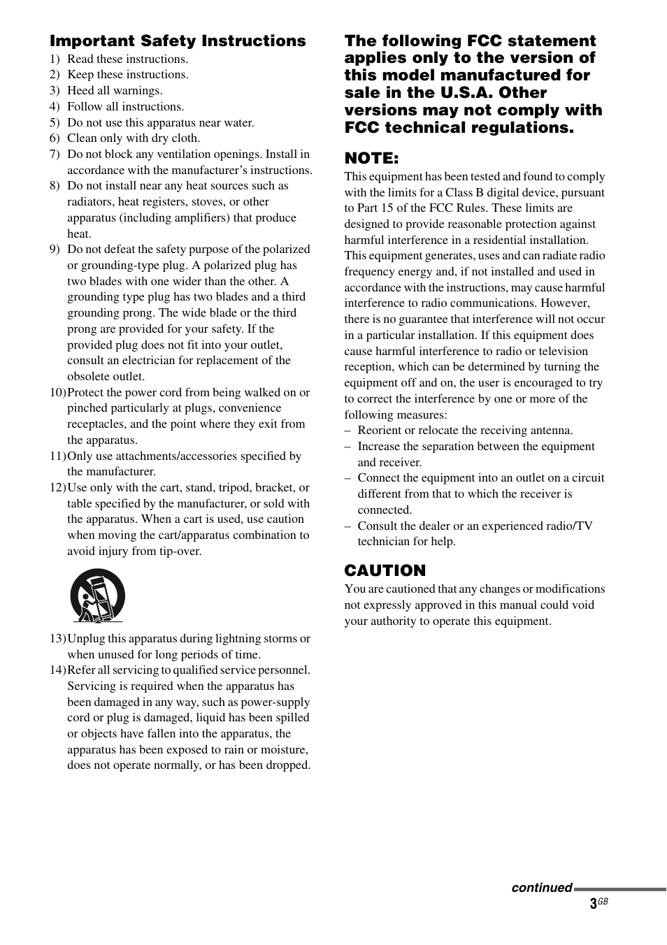 Important safety instructions, Caution | Sony SA-46SE1 User Manual | Page 3 / 20