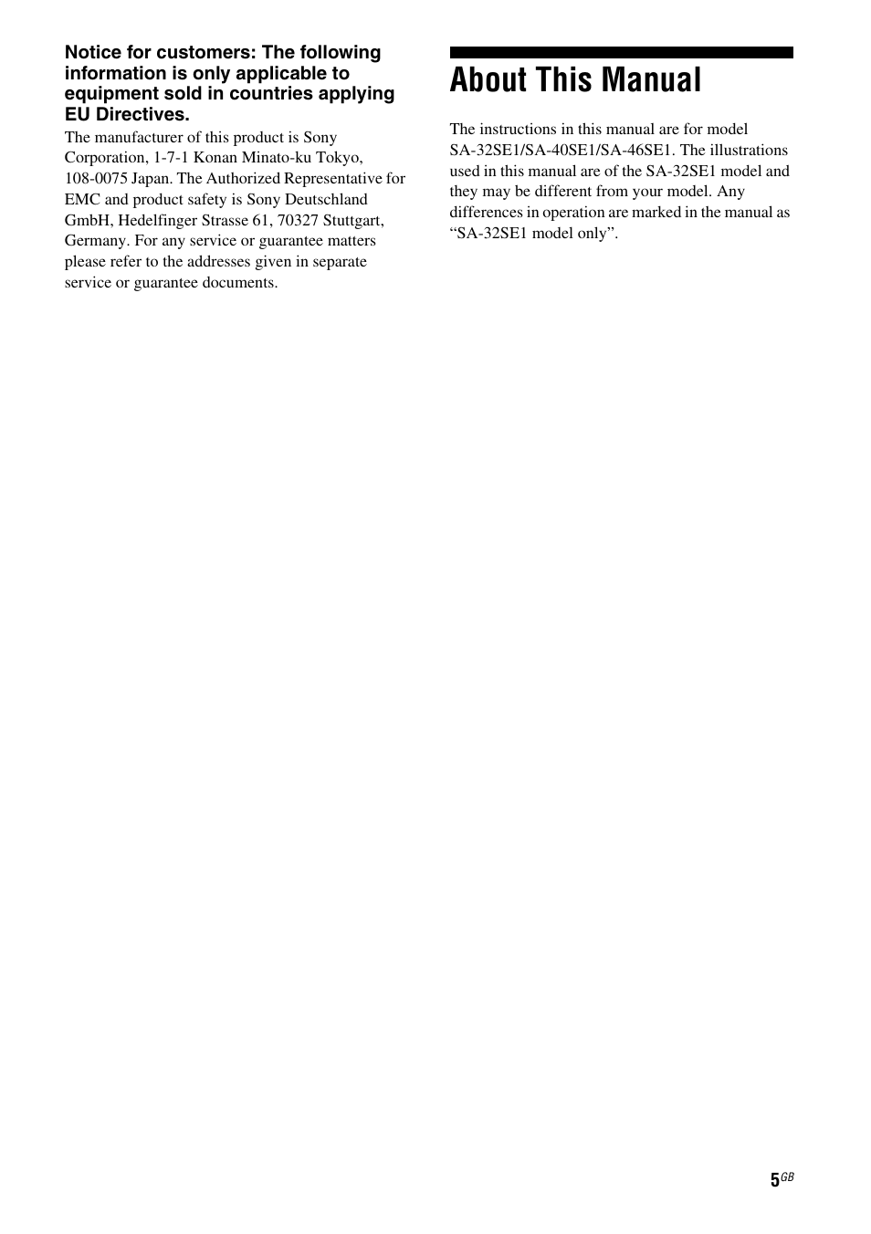 About this manual | Sony SA-46SE1 User Manual | Page 5 / 20