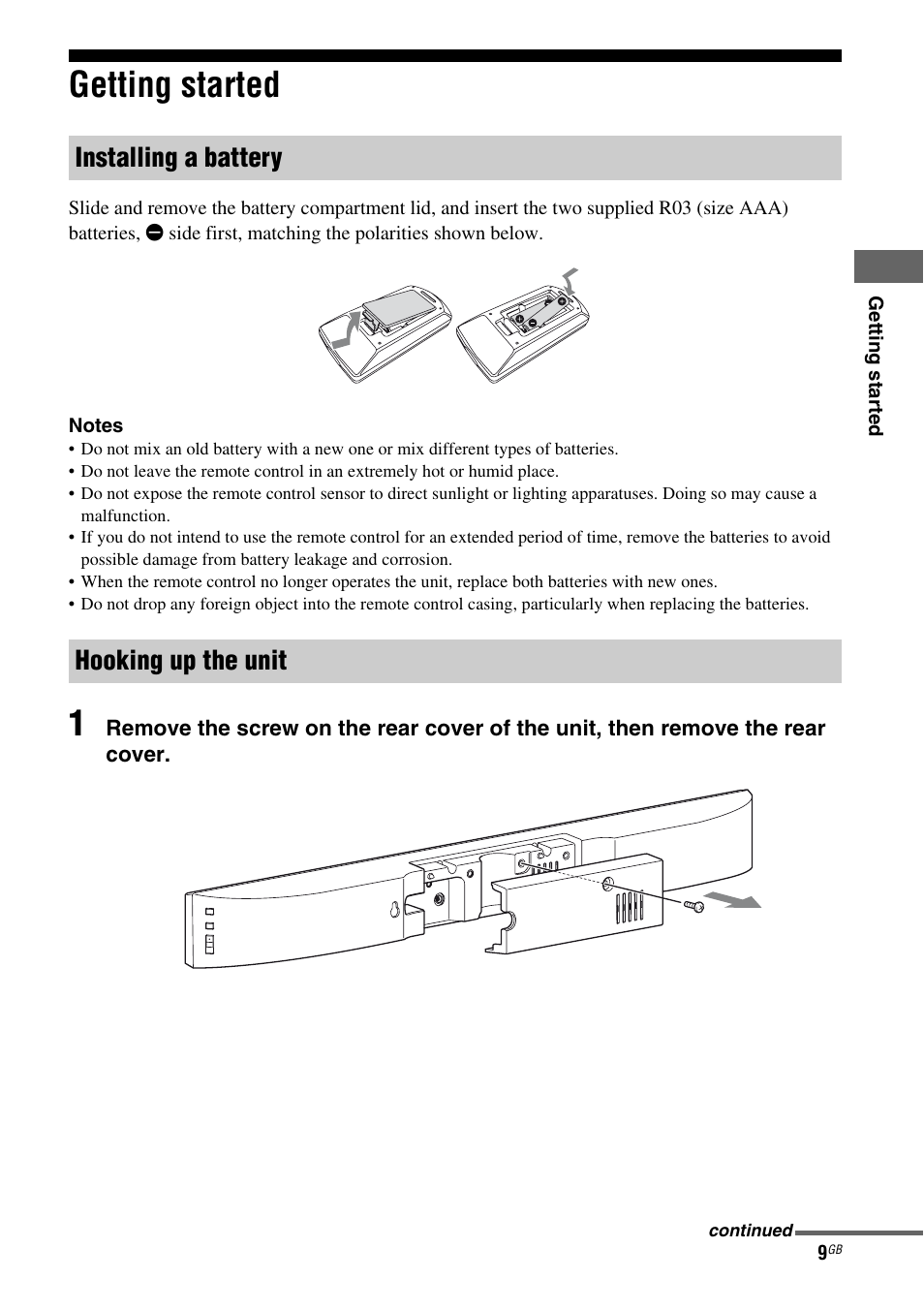 Getting started, Installing a battery hooking up the unit | Sony SA-46SE1 User Manual | Page 9 / 20