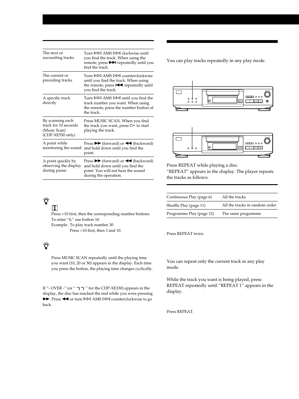 Playing tracks repeatedly, Playing cds, Repeating the current track (repeat 1) | Sony CDP-XE530 User Manual | Page 10 / 56
