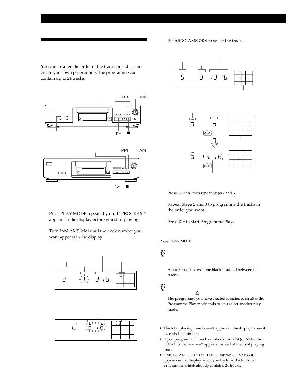 Creating your own programme (programme play), Playing cds, Creating a programme on the player 1 | Sony CDP-XE530 User Manual | Page 12 / 56