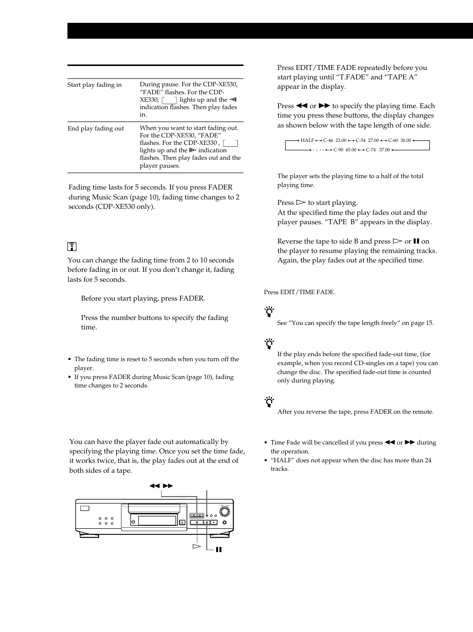 Recording from cds, Changing the fading time (cdp-xe530 only) | Sony CDP-XE530 User Manual | Page 16 / 56