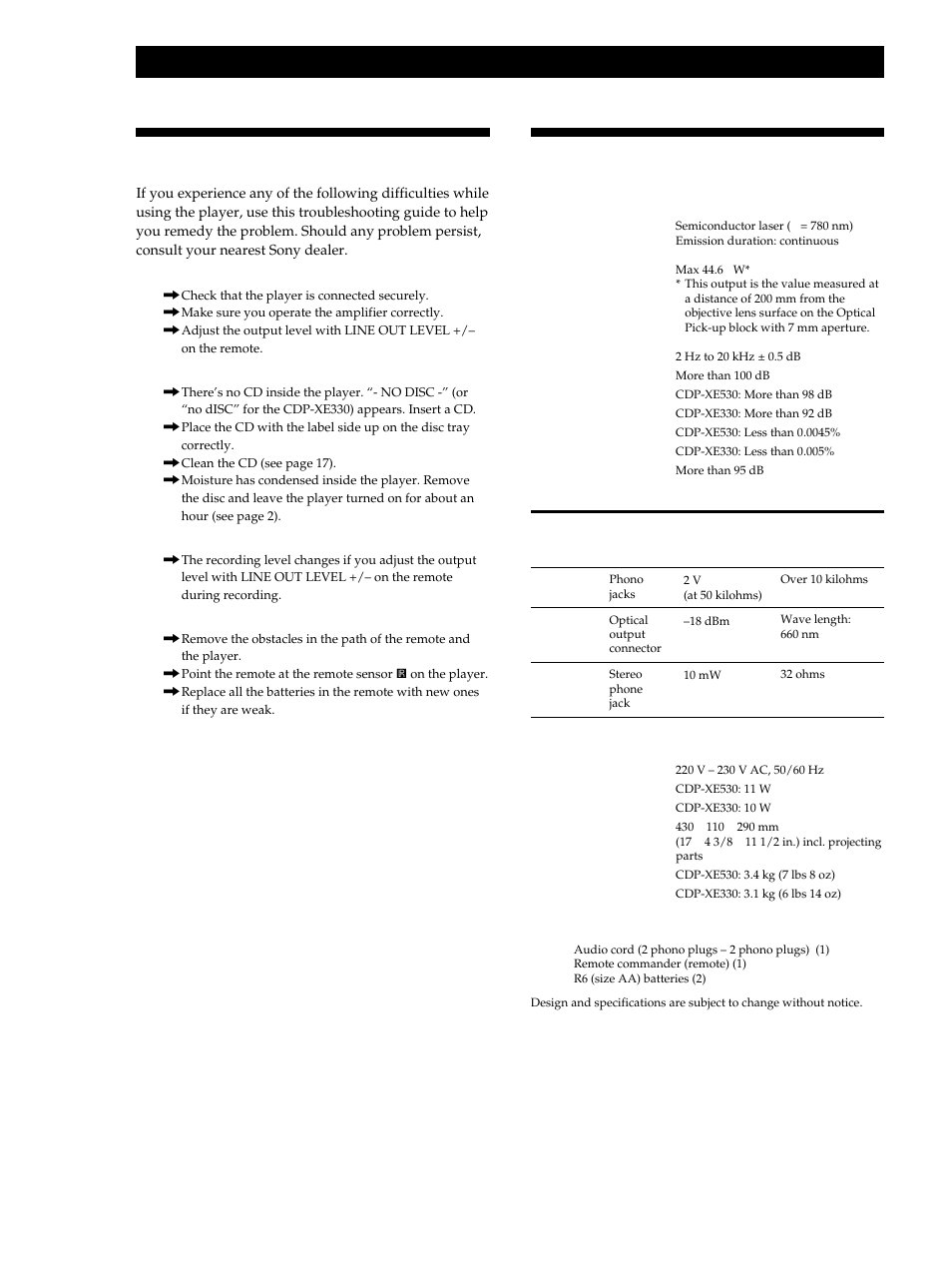 Specifications, Troubleshooting, Additional information | Sony CDP-XE530 User Manual | Page 18 / 56