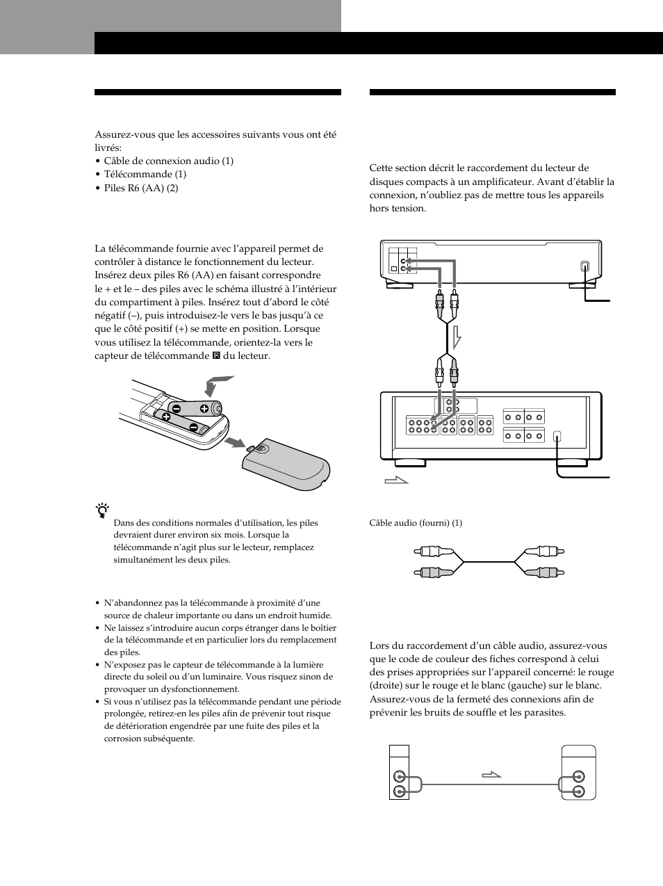 Déballage, Raccordement du système, Préparation | Installation des piles dans la télécommande, Présentation, Raccordement | Sony CDP-XE530 User Manual | Page 22 / 56