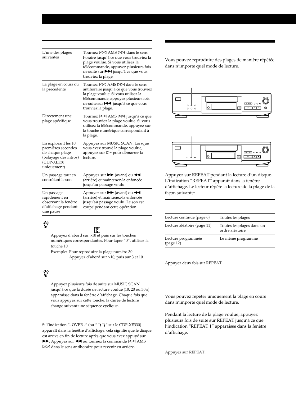 Lecture de plages répétée, Lecture de disques compacts, Répétition de la plage en cours (répétition 1) | Sony CDP-XE530 User Manual | Page 28 / 56