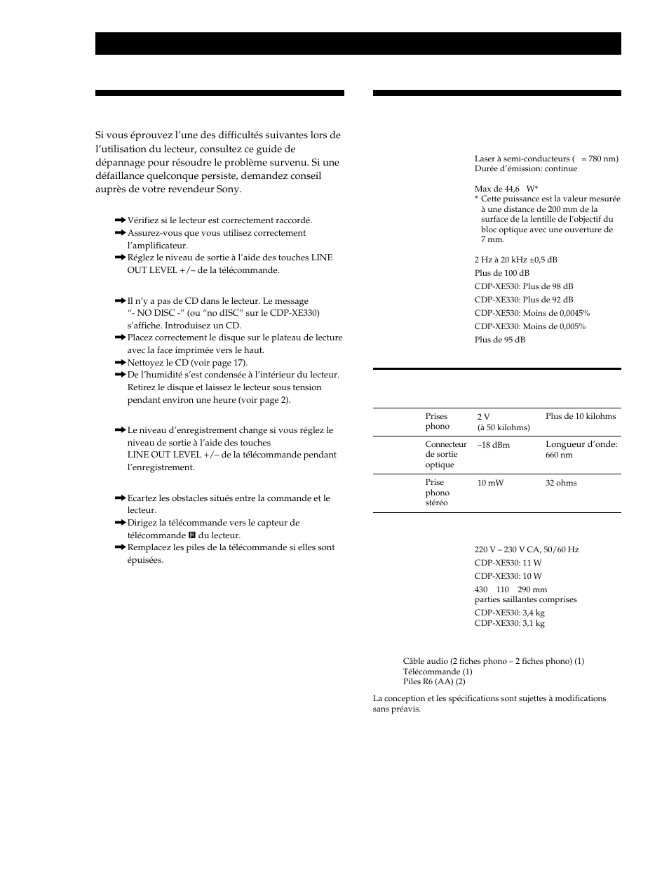 Spécifications, Dépannage, Informations complémentaires | Sony CDP-XE530 User Manual | Page 36 / 56