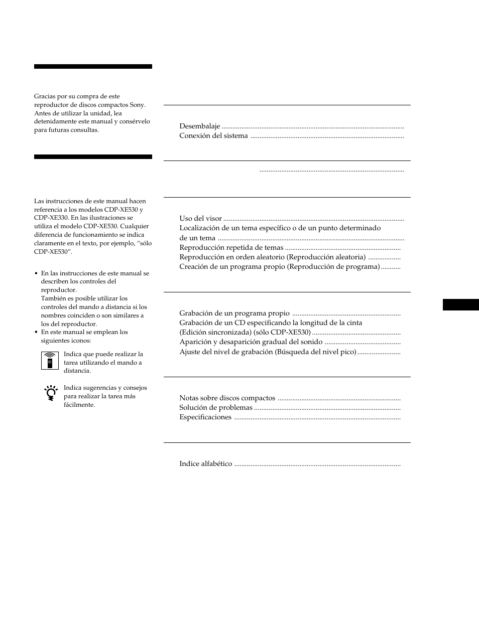 Ndice, Bienvenido, Acerca de este manual | Sony CDP-XE530 User Manual | Page 39 / 56