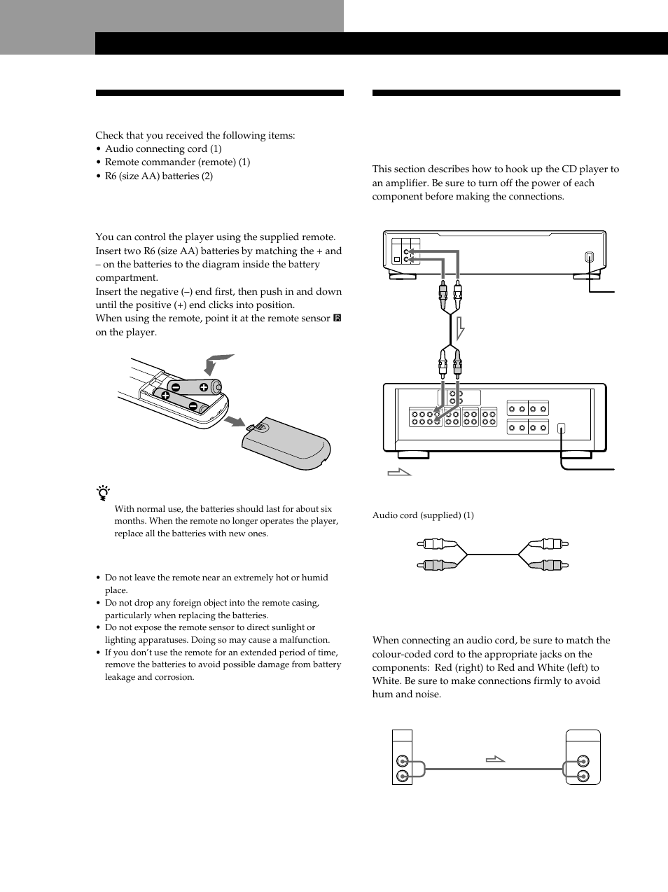 Unpacking, Hooking up the system, Getting started | Inserting batteries into the remote, Overview, Hookups | Sony CDP-XE530 User Manual | Page 4 / 56