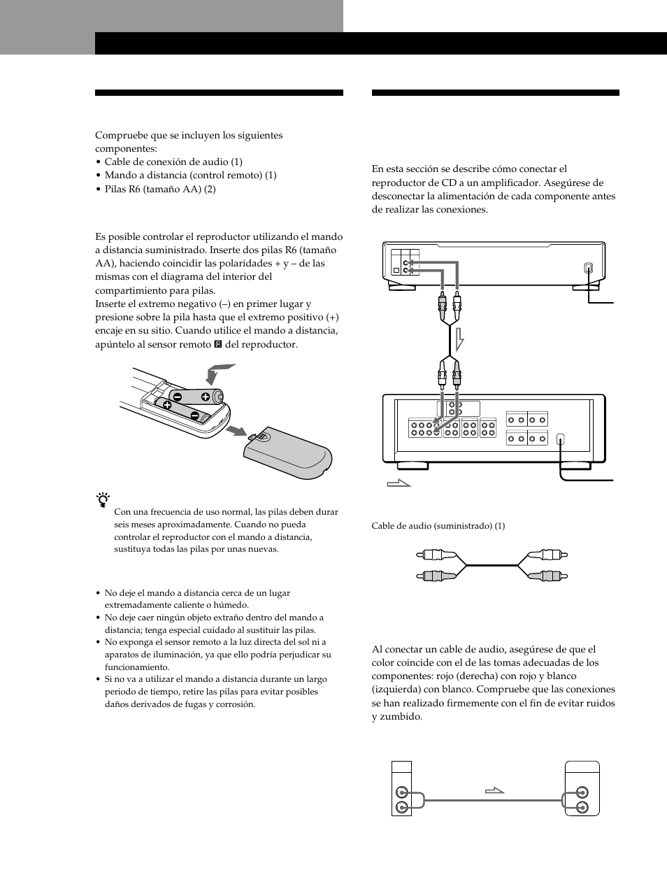 Desembalaje, Conexión del sistema, Procedimientos iniciales | Inserción de pilas en el mando a distancia, Descripción general, Conexiones | Sony CDP-XE530 User Manual | Page 40 / 56