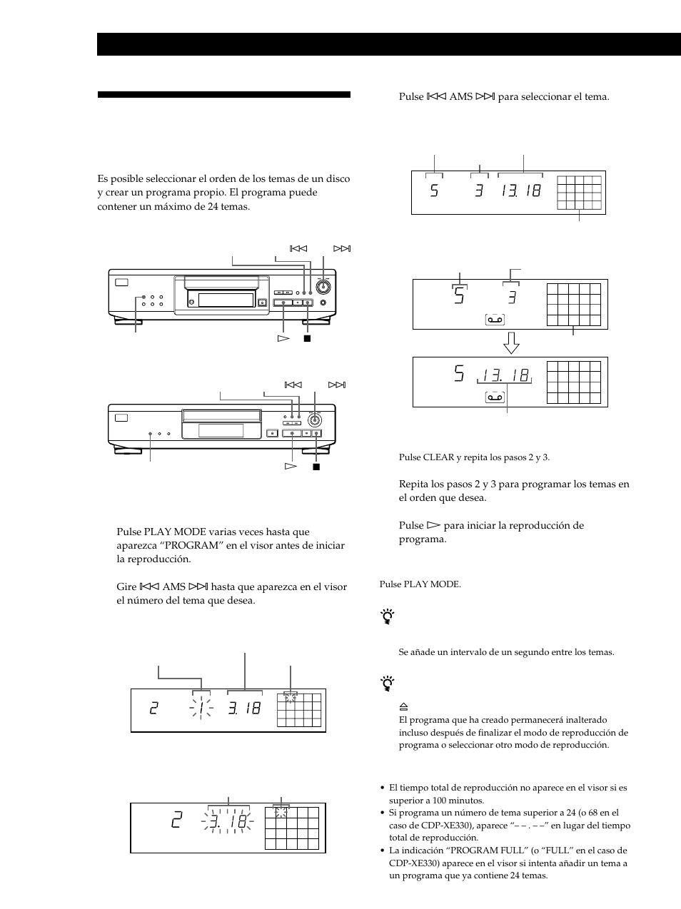Reproducción de discos compactos, Creación de un programa con el reproductor 1 | Sony CDP-XE530 User Manual | Page 48 / 56