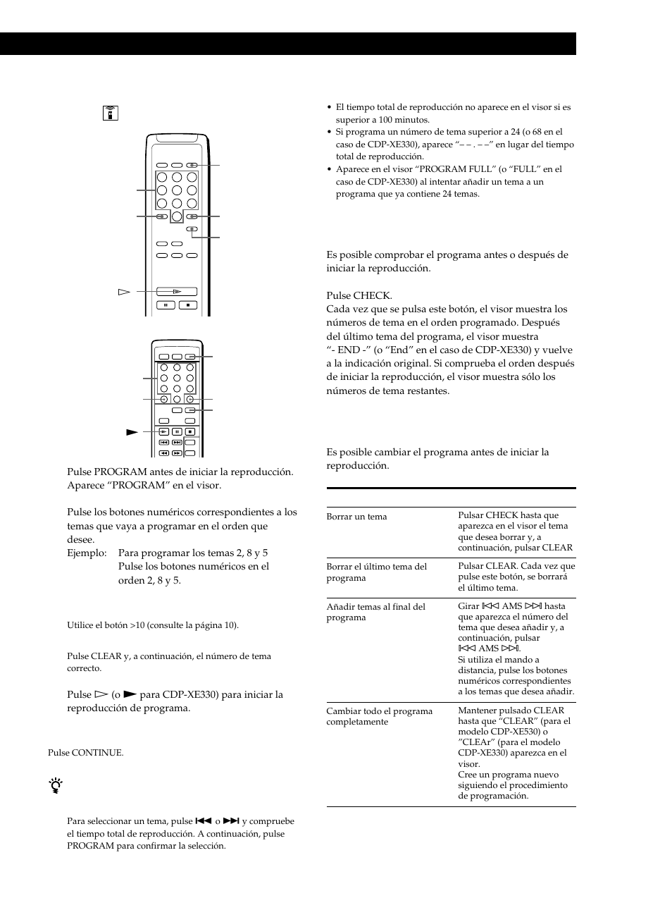 Reproducción de discos compactos, Creación de un programa con el mando a distancia, Comprobación del orden de los temas | Cambio del orden de los temas | Sony CDP-XE530 User Manual | Page 49 / 56