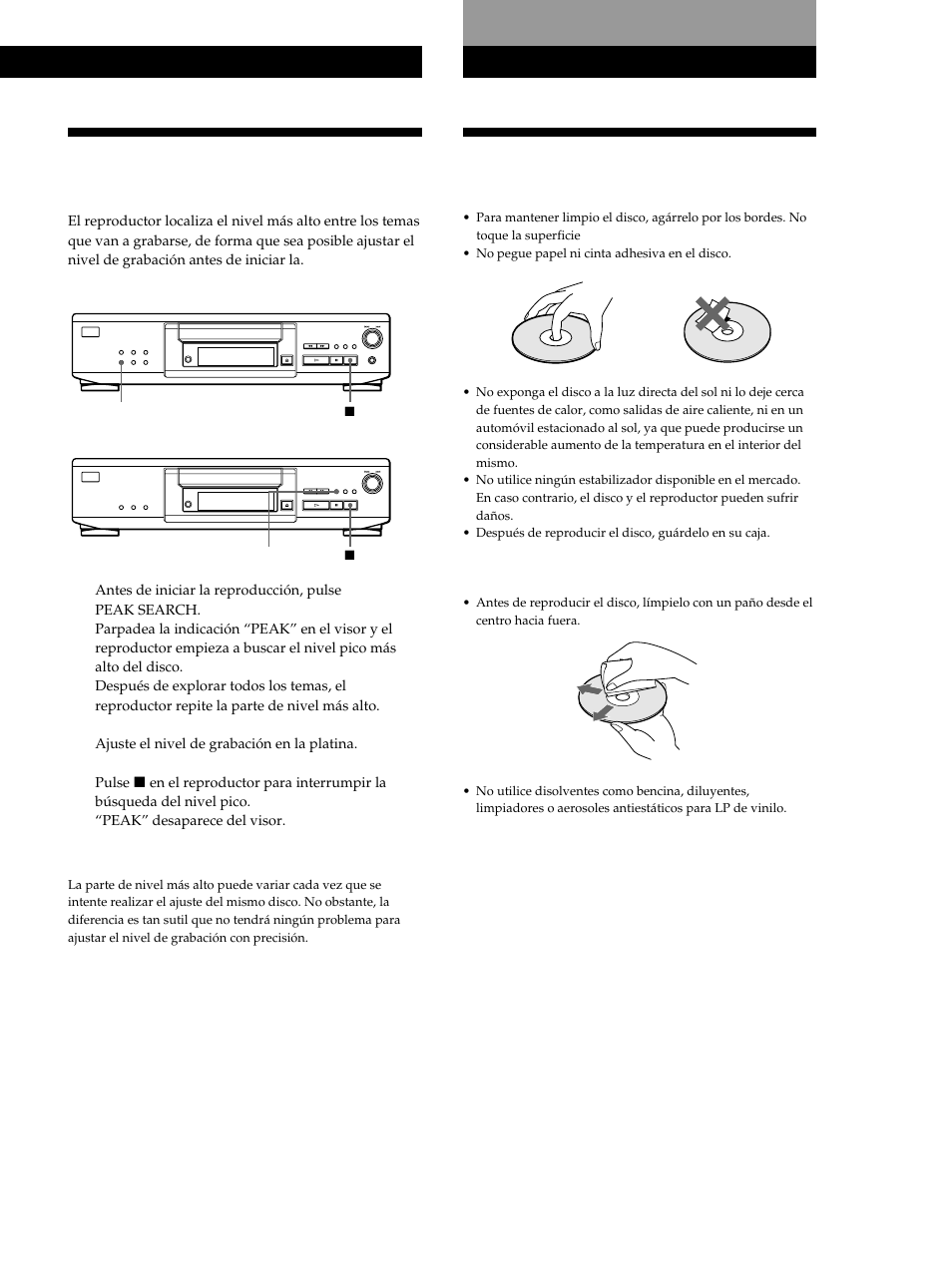 Notas sobre discos compactos, Grabación a partir de discos compactos | Sony CDP-XE530 User Manual | Page 53 / 56