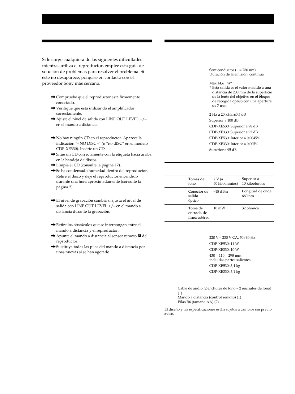 Especificaciones, Solución de problemas, Información adicional | Sony CDP-XE530 User Manual | Page 54 / 56