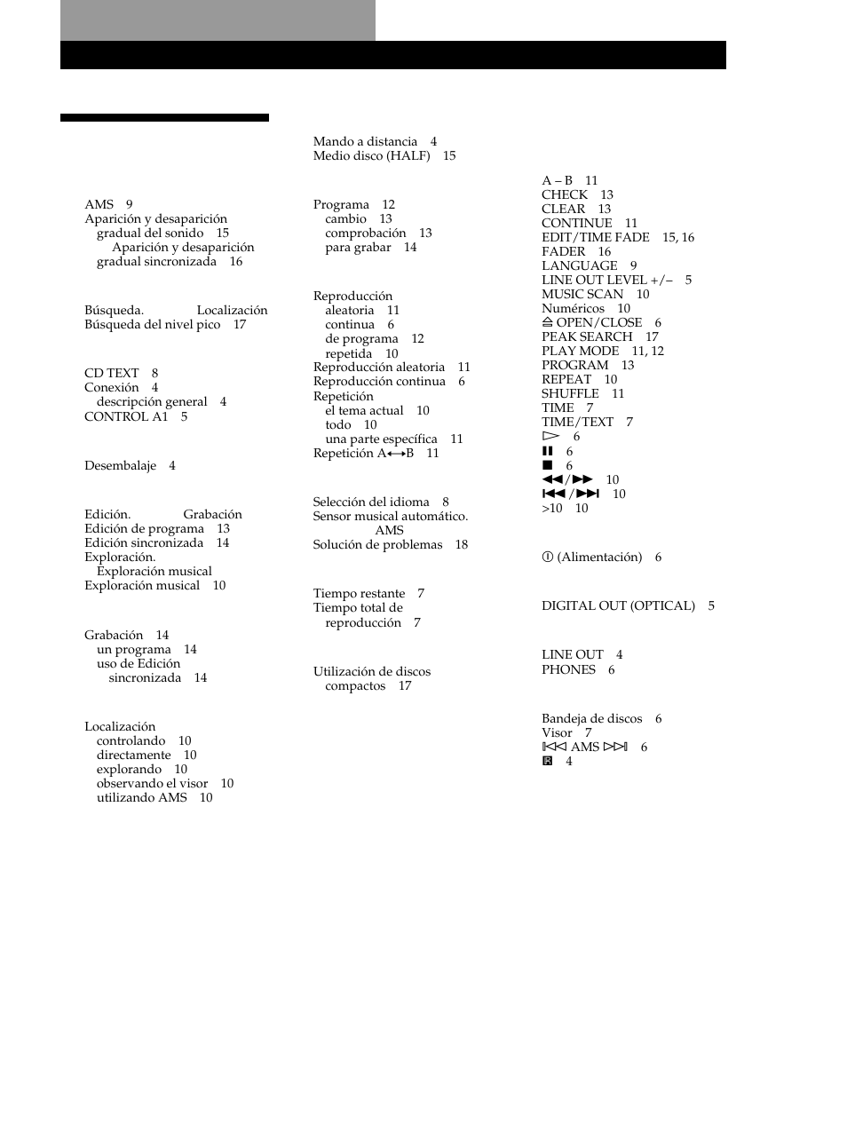 Indice alfabético | Sony CDP-XE530 User Manual | Page 55 / 56