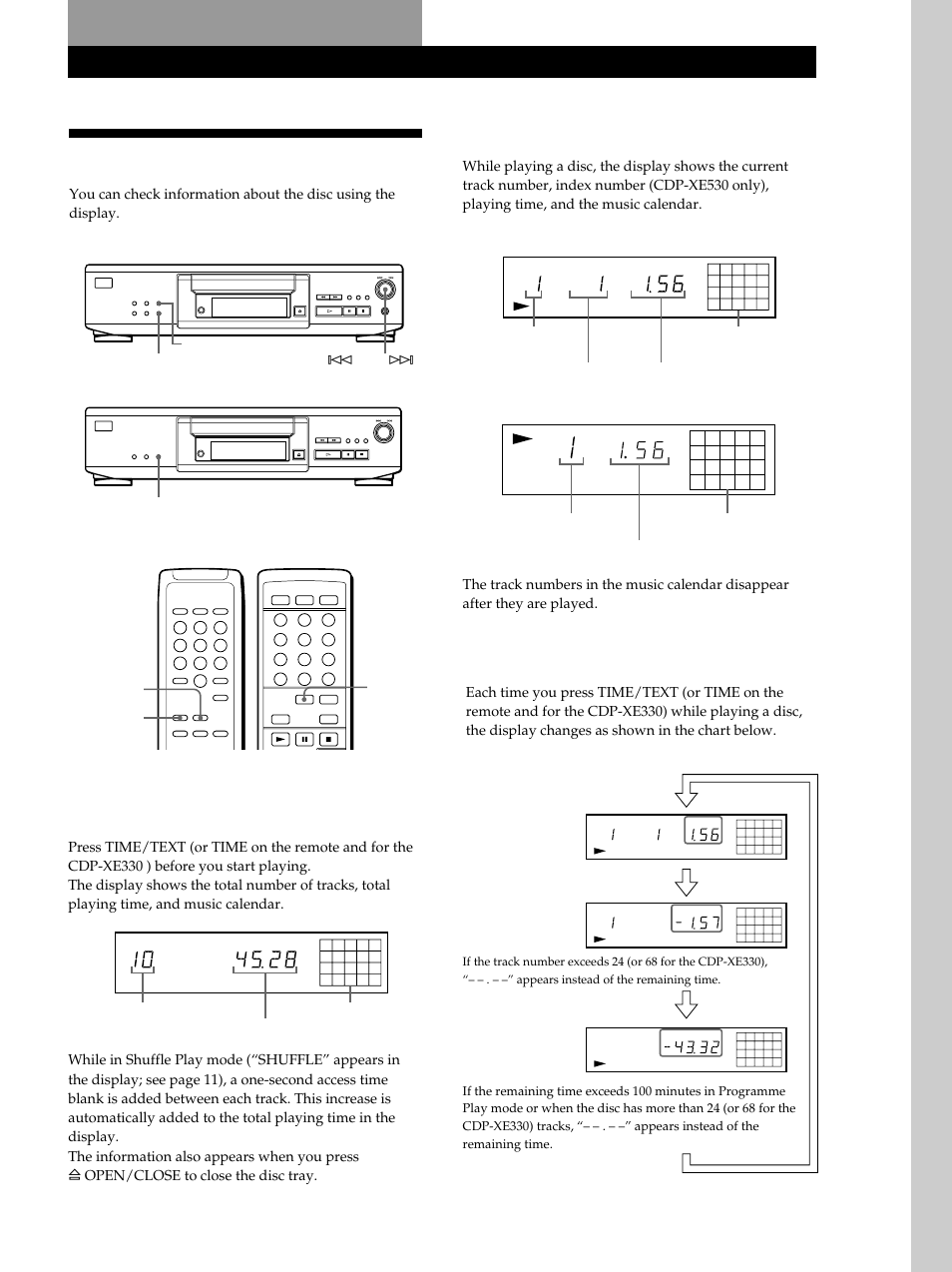Using the display, Playing cds, Playing cds basic operations | Display information while playing a disc, Checking the remaining time, Cdp-xe330 | Sony CDP-XE530 User Manual | Page 7 / 56