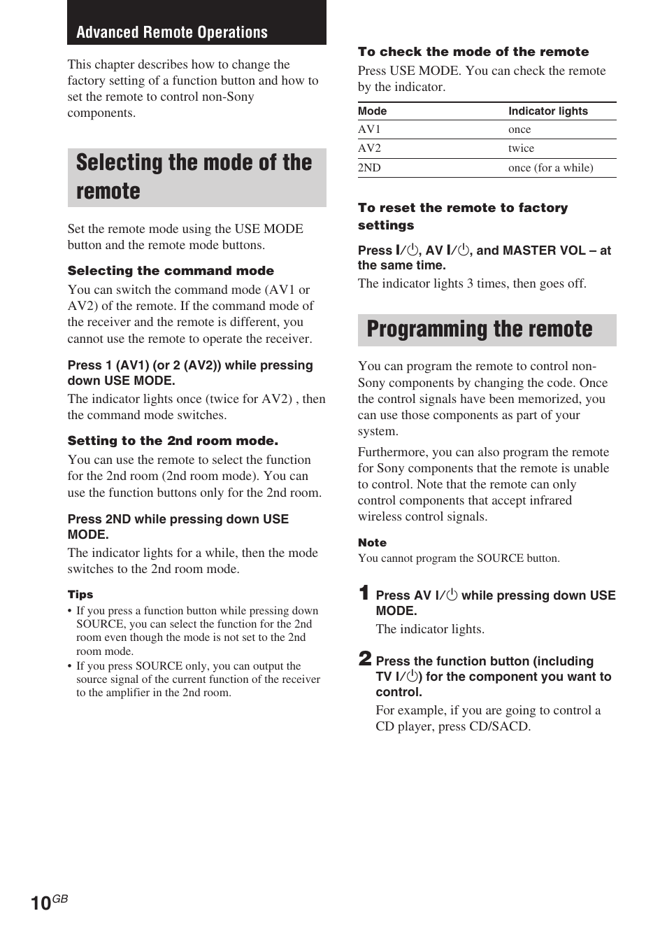 Advanced remote operations, Selecting the mode of the remote, Programming the remote | Sony RM-TP504 User Manual | Page 10 / 16