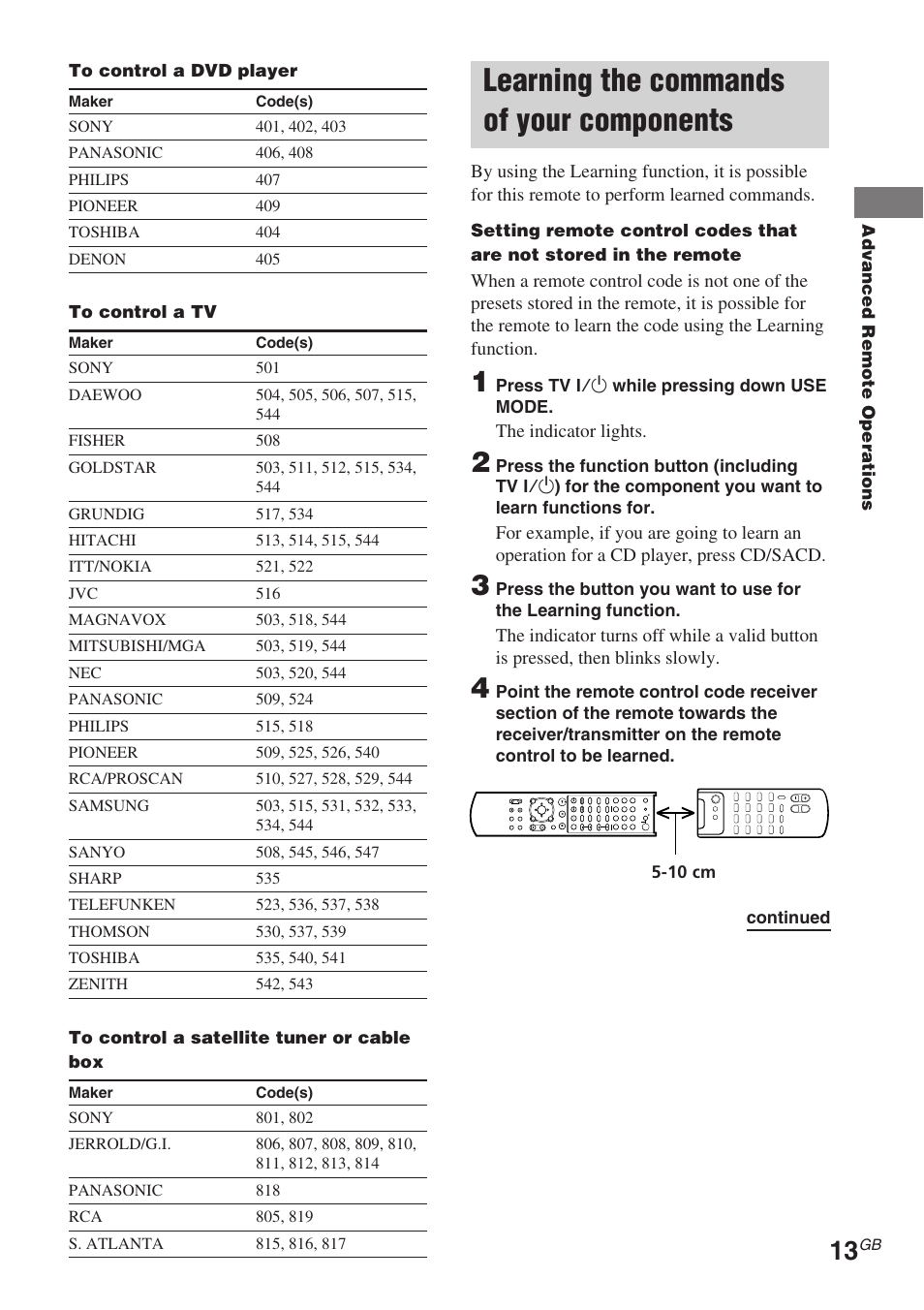 Learning the commands of your components | Sony RM-TP504 User Manual | Page 13 / 16