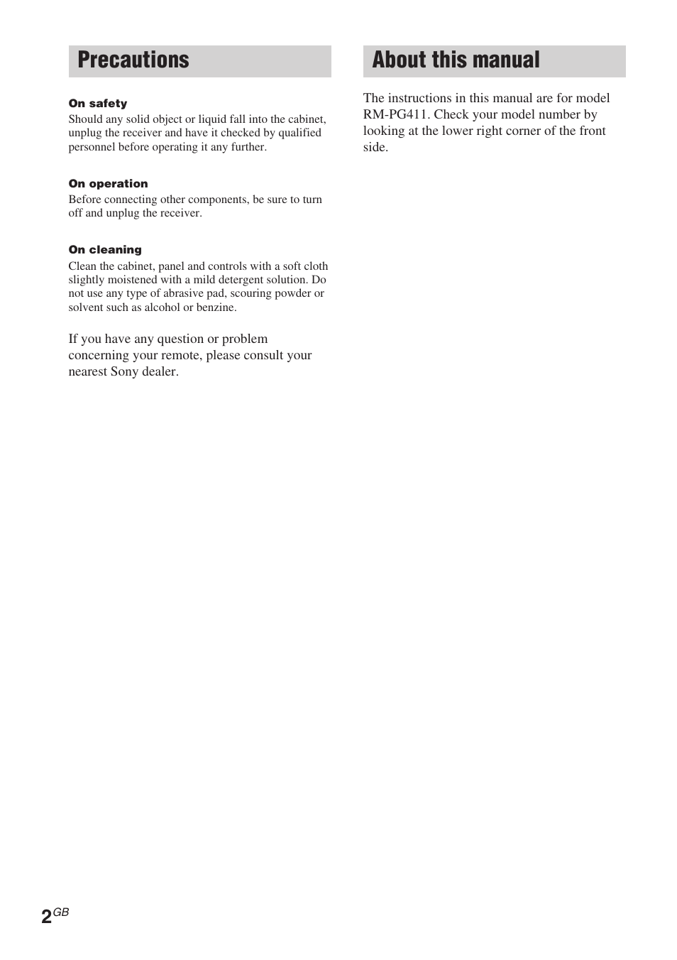 Precautions, About this manual | Sony RM-TP504 User Manual | Page 2 / 16