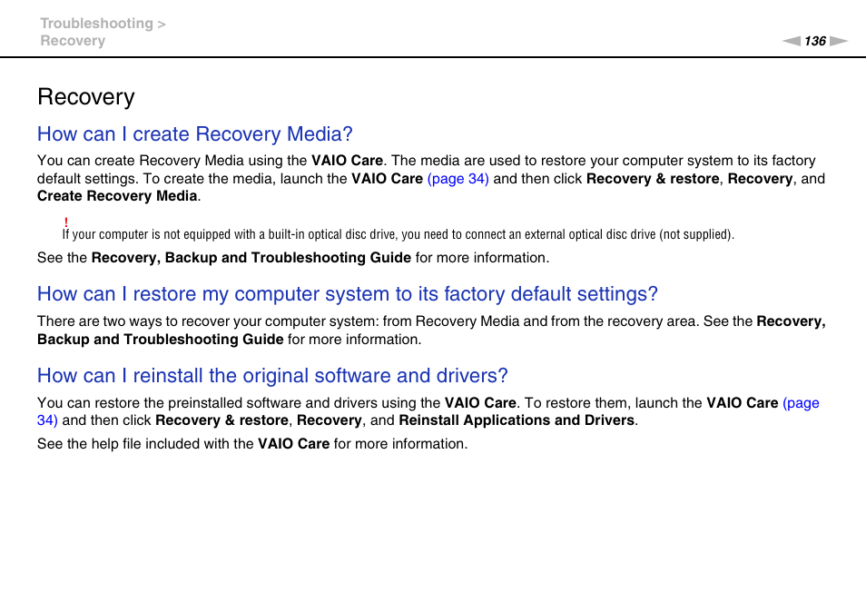 Recovery, How can i create recovery media | Sony VAIO VPCF13 User Manual | Page 136 / 178