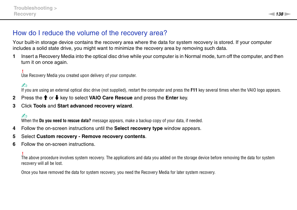 How do i reduce the volume of the recovery area | Sony VAIO VPCF13 User Manual | Page 138 / 178