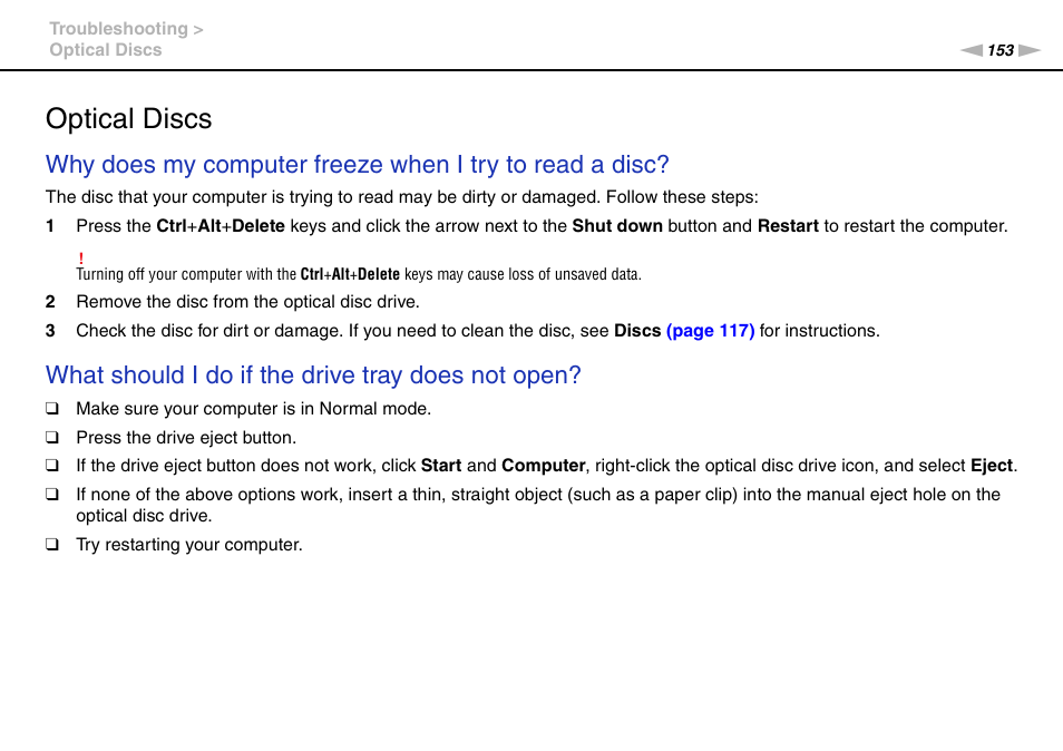 Optical discs, What should i do if the drive tray does not open | Sony VAIO VPCF13 User Manual | Page 153 / 178