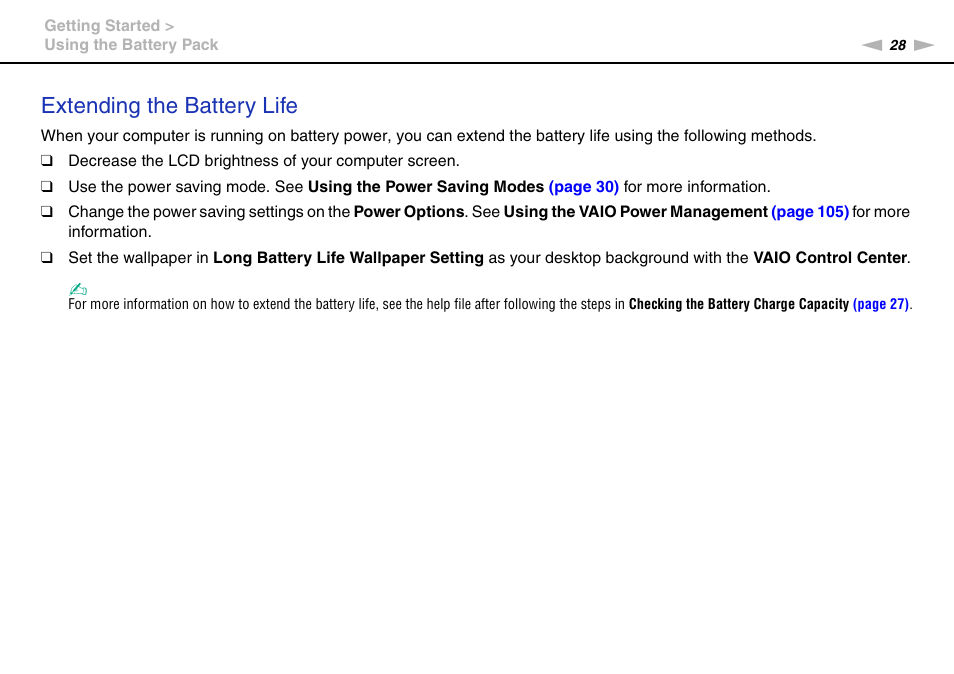 Extending the battery life | Sony VAIO VPCF13 User Manual | Page 28 / 178