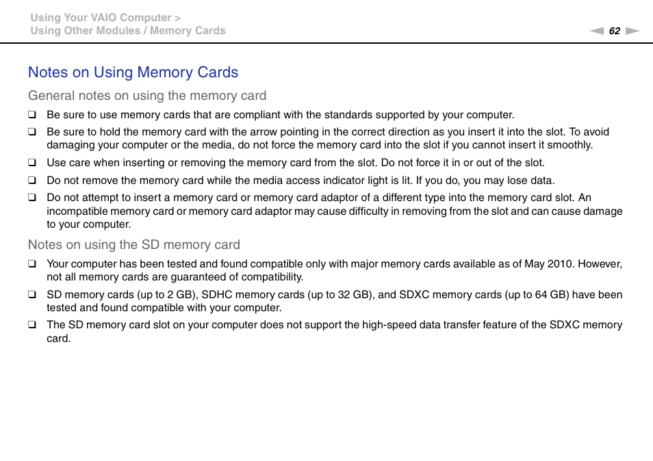 Sony VAIO VPCF13 User Manual | Page 62 / 178