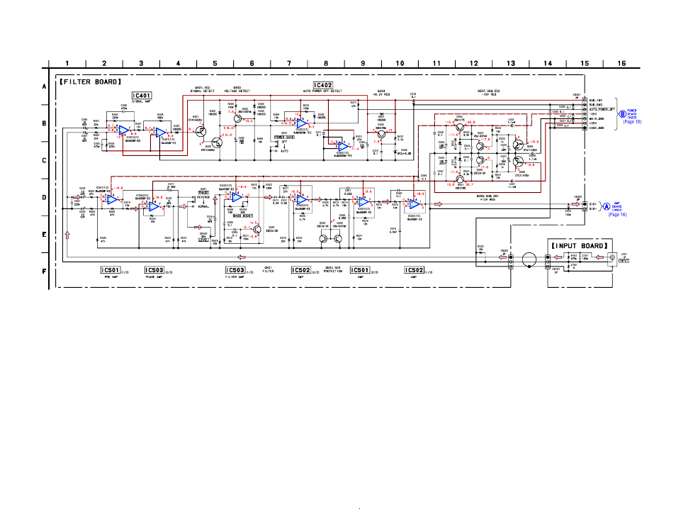 Schematic diagram-filter section, Filter, Q501 | Phase amp, Ic503 (2/2), Page 18), Page 16) | Sony SA-WFT7 User Manual | Page 13 / 48