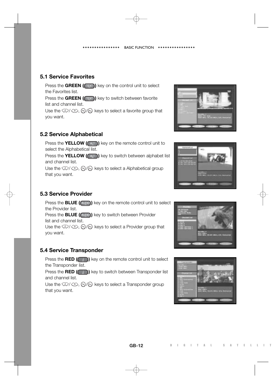 1 service favorites, 2 service alphabetical, 3 service provider | 4 service transponder | Sony MF68-00258A User Manual | Page 14 / 35
