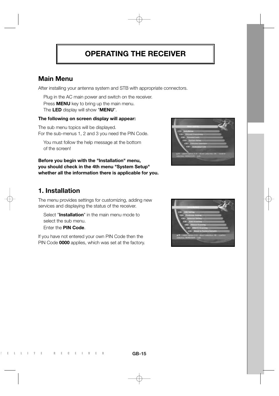 Operating the receiver, Main menu, Installation | Sony MF68-00258A User Manual | Page 17 / 35