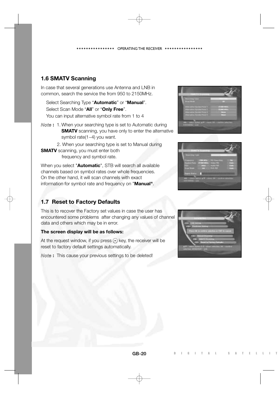 6 smatv scanning, 7 reset to factory defaults | Sony MF68-00258A User Manual | Page 22 / 35