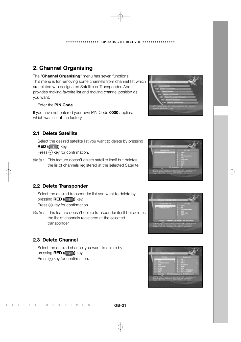 Channel organising, 1 delete satellite, 2 delete transponder | 3 delete channel | Sony MF68-00258A User Manual | Page 23 / 35