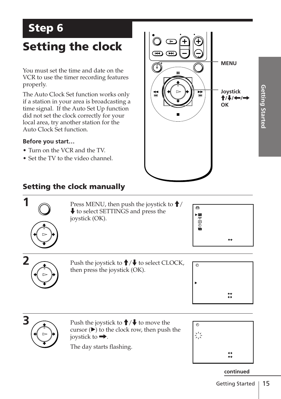 Setting the clock, Step 6, Setting the clock manually | Getting started | Sony SLV-E780EN/EG User Manual | Page 15 / 72