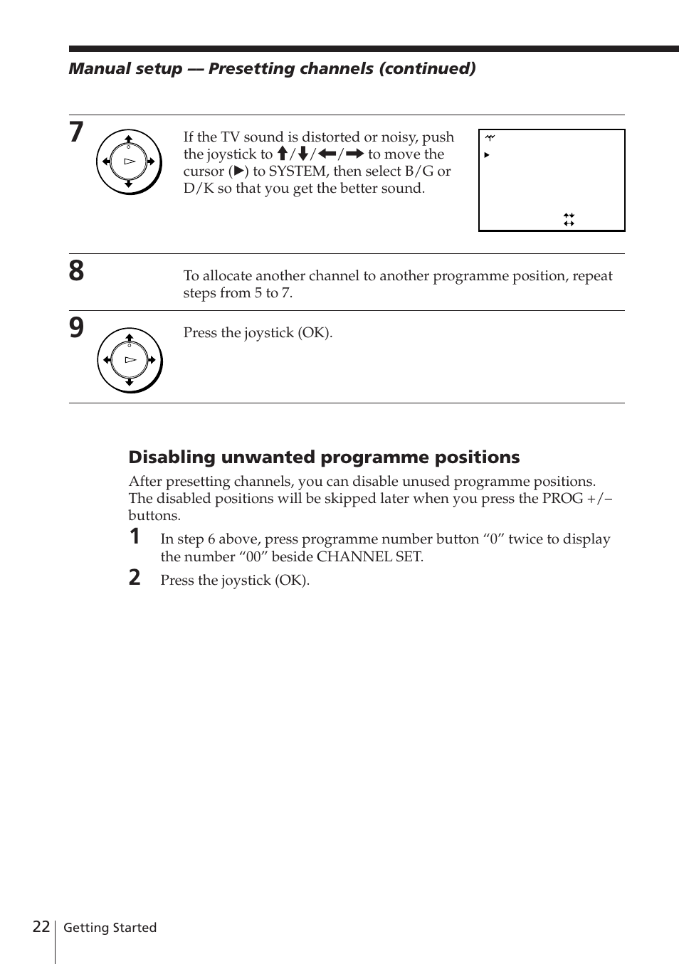 Disabling unwanted programme positions, 22 manual setup –– presetting channels (continued), Press the joystick (ok) | Sony SLV-E780EN/EG User Manual | Page 22 / 72