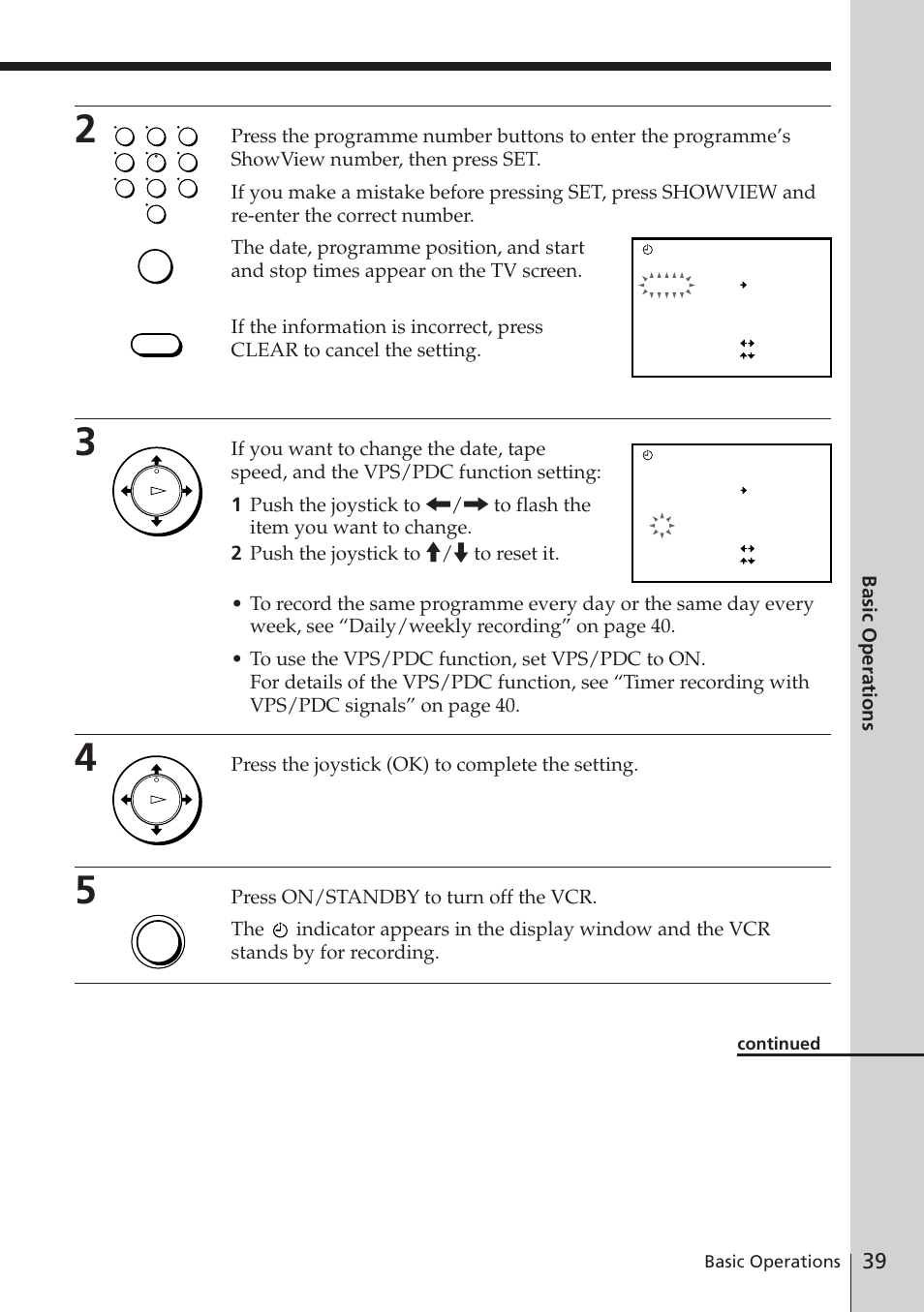 Basic operations, Press the joystick (ok) to complete the setting | Sony SLV-E780EN/EG User Manual | Page 39 / 72