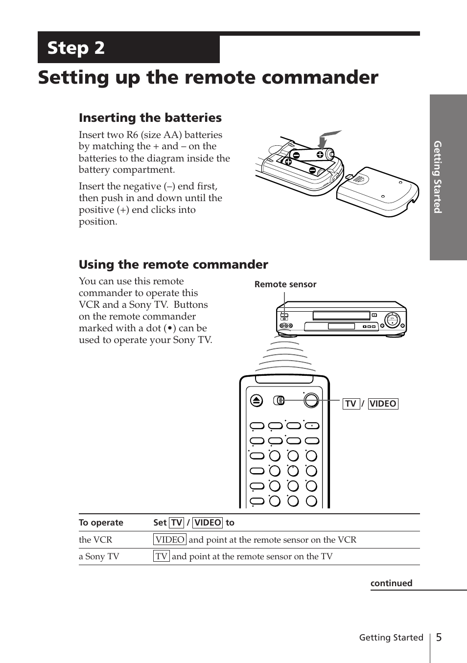 Setting up the remote commander, Step 2, Inserting the batteries | Using the remote commander | Sony SLV-E780EN/EG User Manual | Page 5 / 72