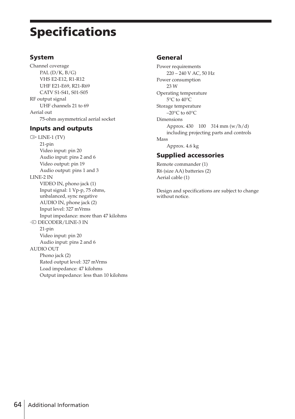 Specifications, System, Inputs and outputs | General, Supplied accessories | Sony SLV-E780EN/EG User Manual | Page 64 / 72