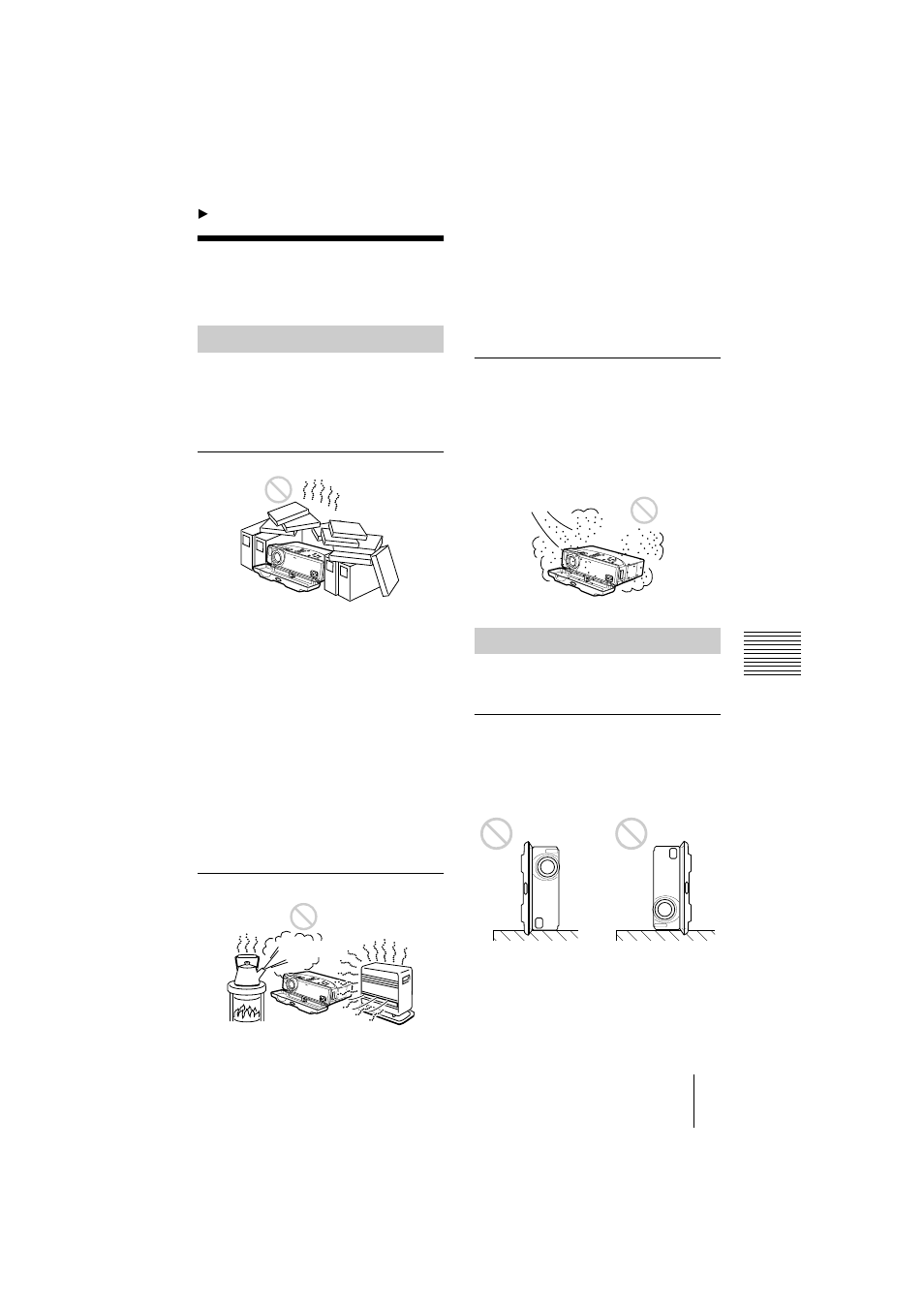 Otros, Notas sobre la instalación, Instalación inadecuada | Condiciones inadecuadas | Sony VPL-CS2 User Manual | Page 119 / 128