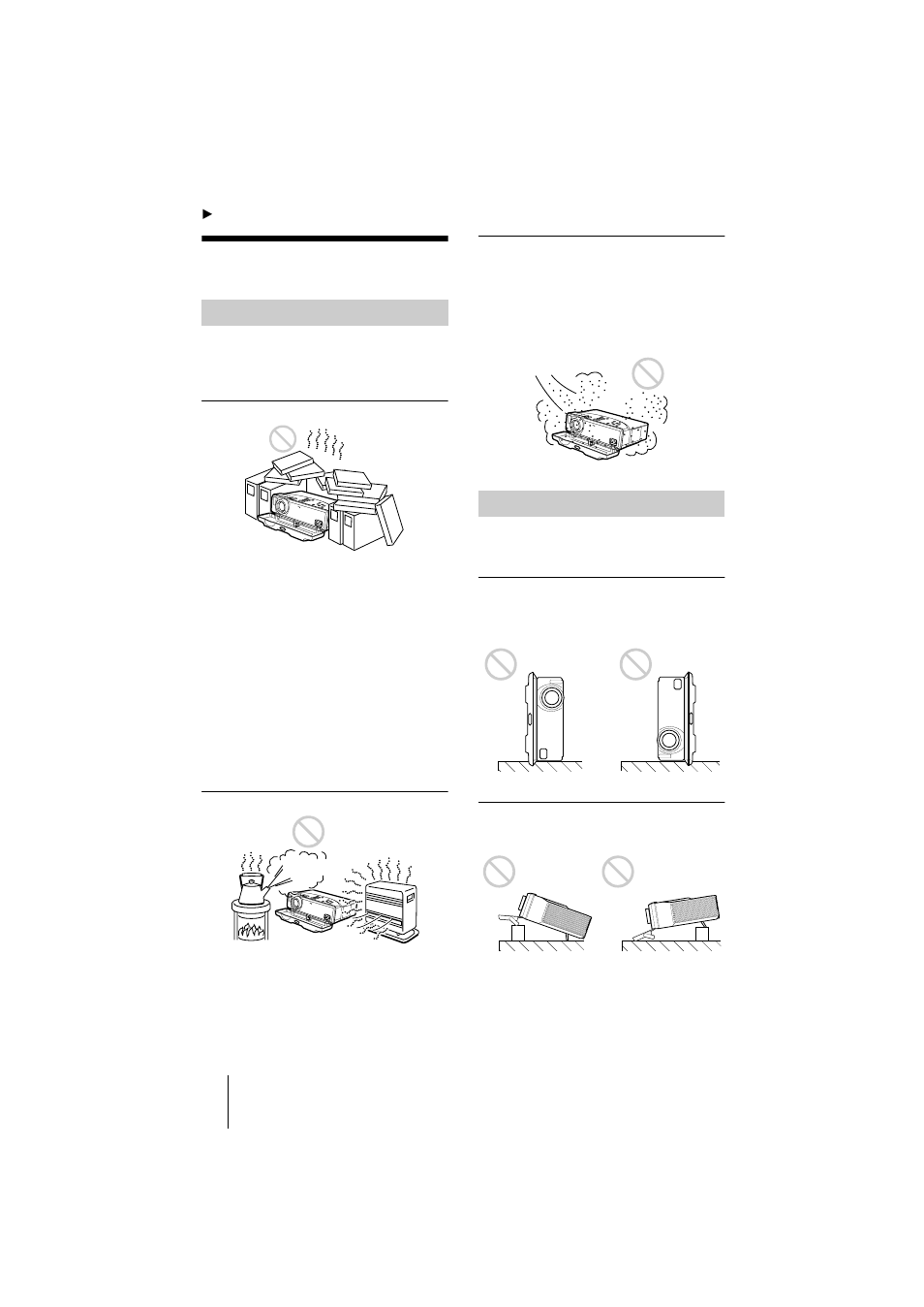 Other, Notes on installation, Unsuitable installation | Unsuitable conditions | Sony VPL-CS2 User Manual | Page 36 / 128