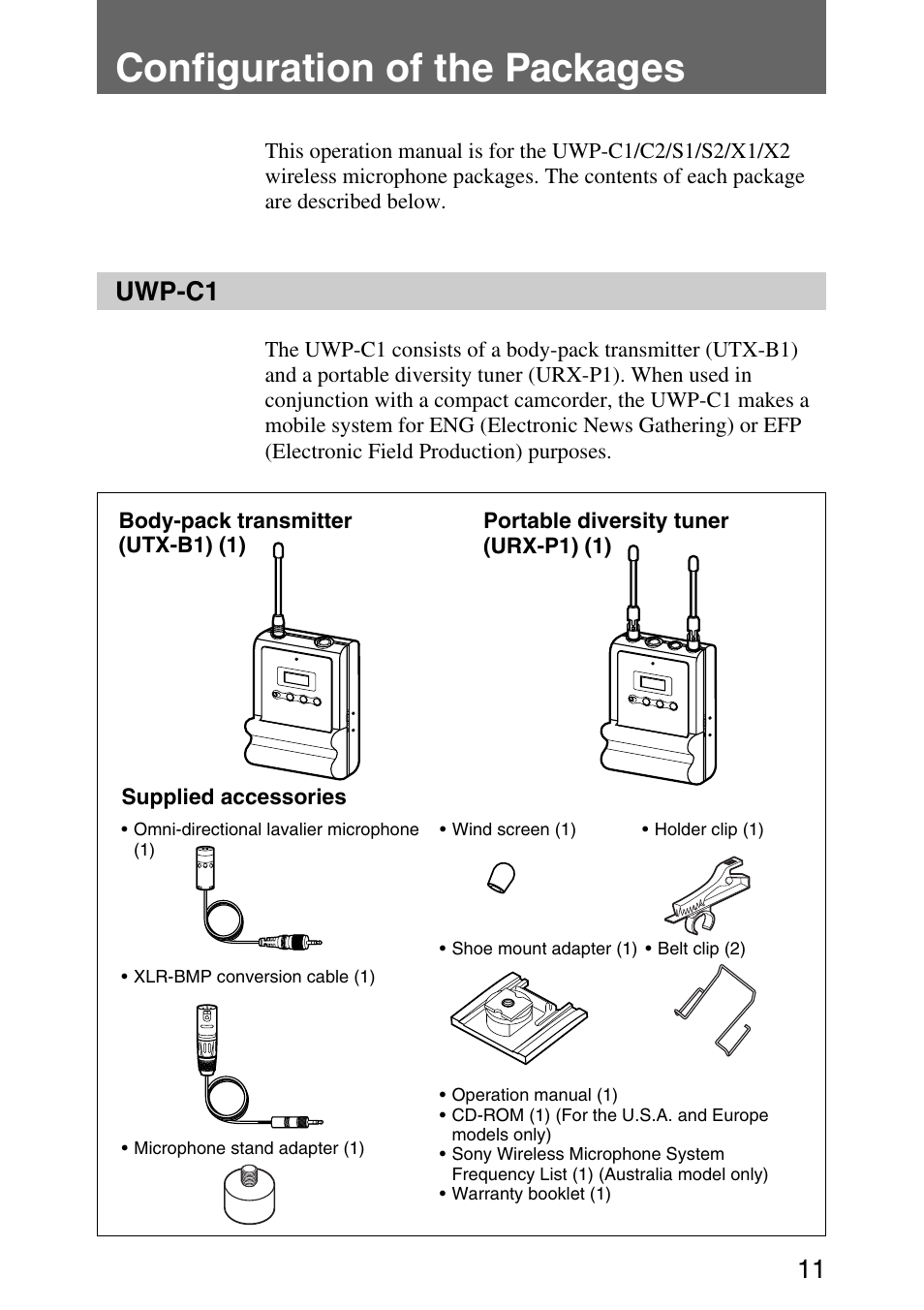 Configuration of the packages, Uwp-c1 | Sony UPW-C1/C2 User Manual | Page 11 / 52