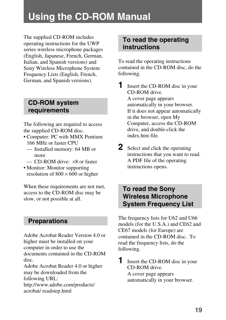 Using the cd-rom manual, Cd-rom system rewuirements, Preparations | To read the operating instructions | Sony UPW-C1/C2 User Manual | Page 19 / 52